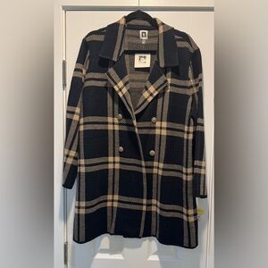 Anne Klein Black and Tan Plaid Pea Coat